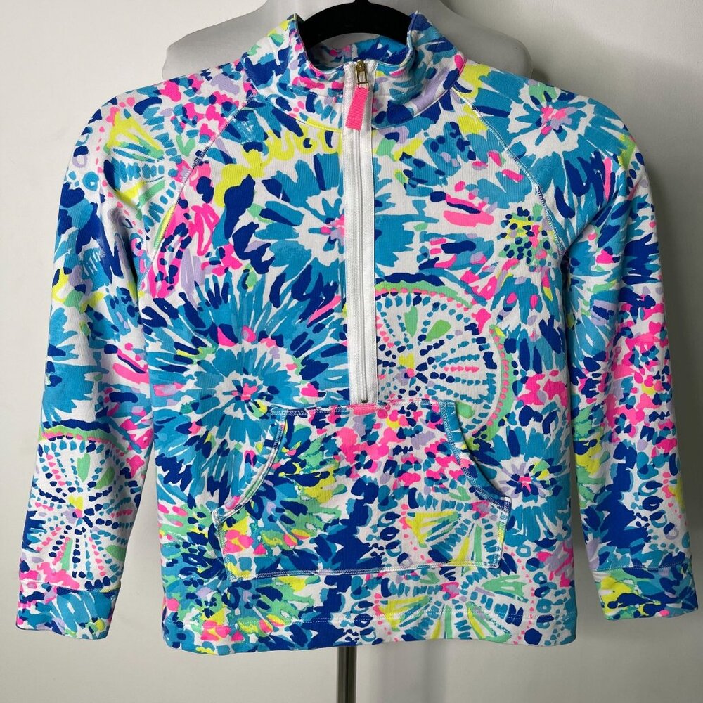 Lilly Pulitzer Kid's Blue Pink UPF 50+ Skipper Dive In Print Popover Size Large